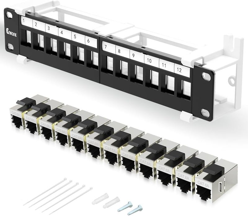 Enmane 12 Port Patch Panel CAT6a Patch Panel (EC Listed) Wall Mount 10 Inch Bracket Included for Cat6, Cat5e, Cat5 Cabling (1U CAT6a) - Image 1